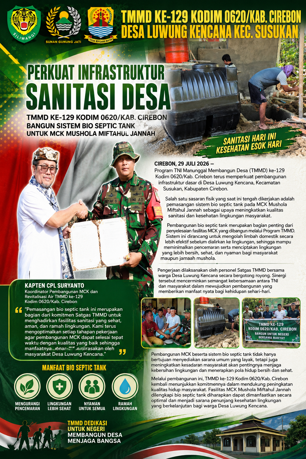 Perkuat Infrastruktur Sanitasi Desa, TMMD ke-129 Kodim 0620/Kab. Cirebon Bangun Sistem Bio Septic Tank untuk MCK Mushola Miftahul Jannah