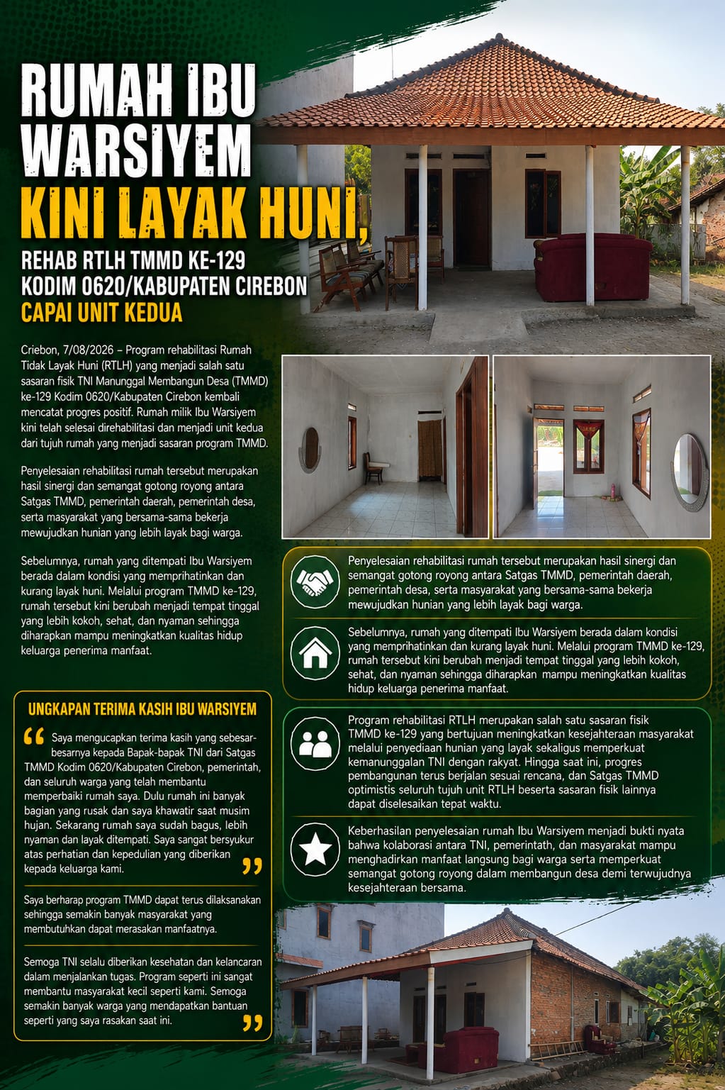 Rumah Ibu Warsiyem Kini Layak Huni, Rehab RTLH TMMD ke-129 Kodim 0620/Kabupaten Cirebon Capai Unit Kedua