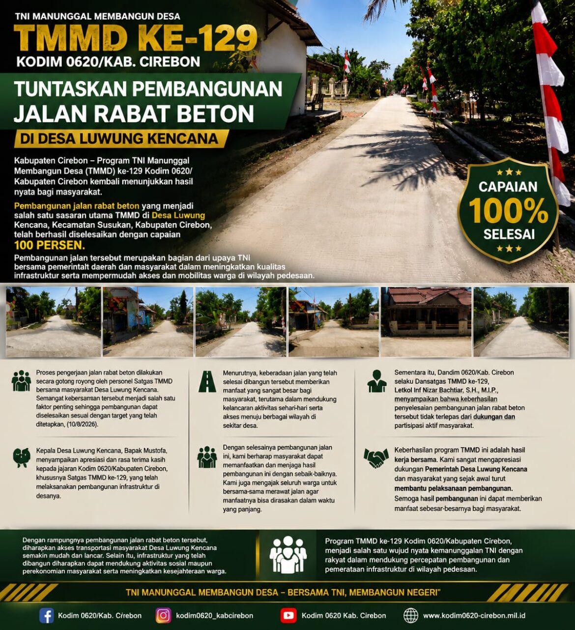 TMMD ke-129 Kodim 0620/Kab. Cirebon Tuntaskan Pembangunan Jalan Rabat Beton di Desa Luwung Kencana
